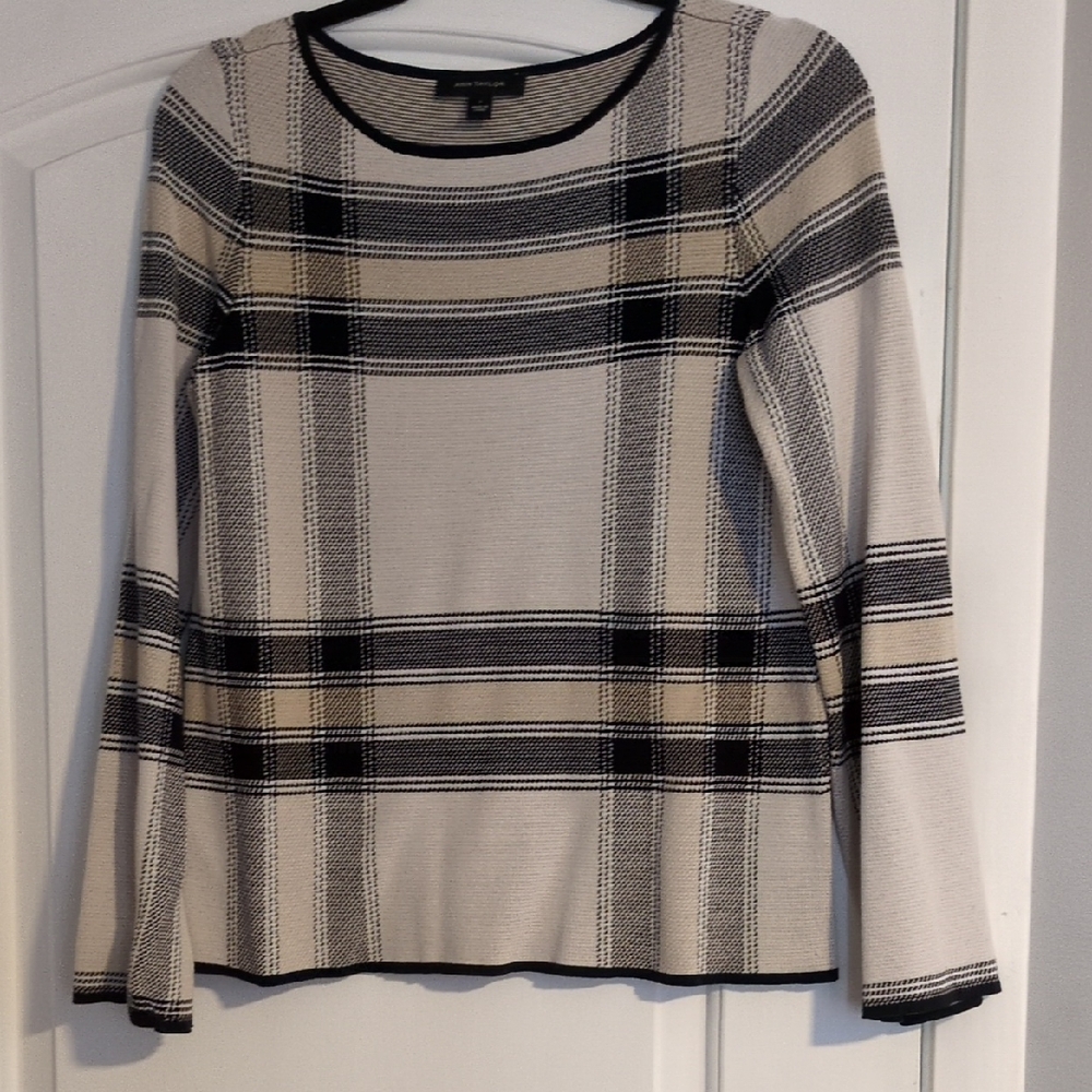 Ann Taylor Plaid Long Sleeve Top - Black and Cream